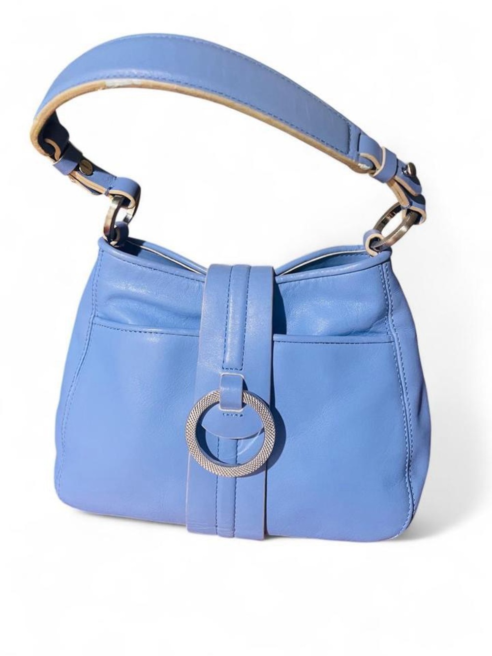 Vintage Ann Taylor Periwinkle Blue Leather Hobo Bag Silver Ring Y2K